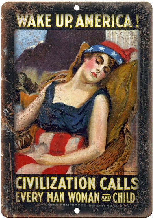 Vintage Wake Up America Civilization Calls Aluminum Sign — product artwork