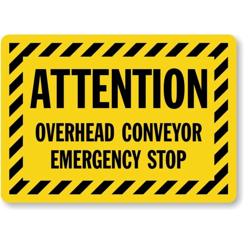 Overhead Conveyor Emergency Stop Aluminum Sign — product artwork