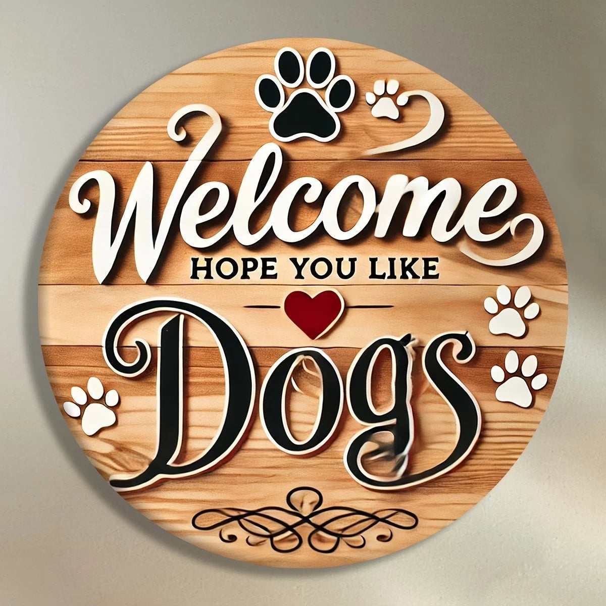 Wooden Welcome Dog Paw Prints 8 Funny Round Aluminum Sign — product artwork