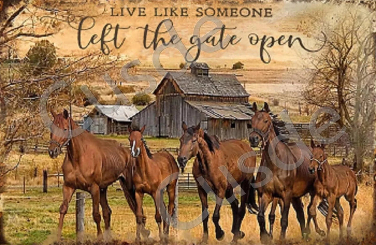 Vintage Tin Horses Live Like Someone Left Funny Aluminum Sign — product artwork