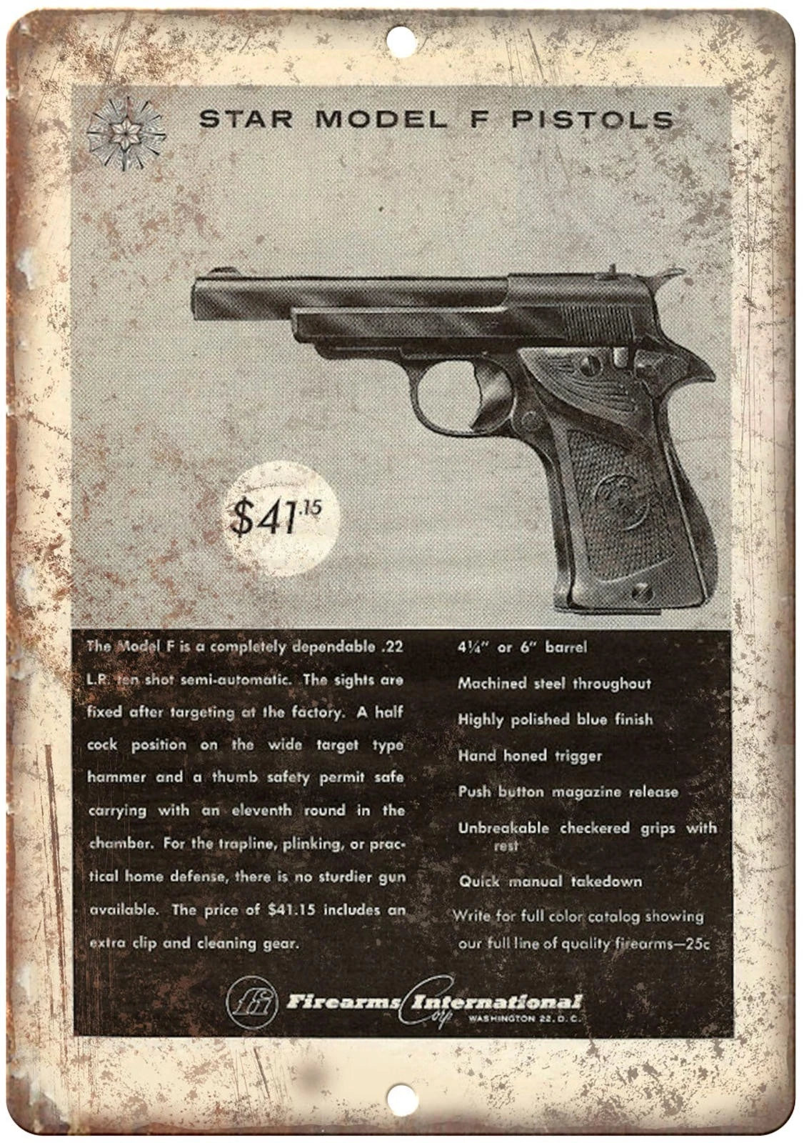 Star Model F Firearms Reproduction Funny Aluminum Sign — product artwork