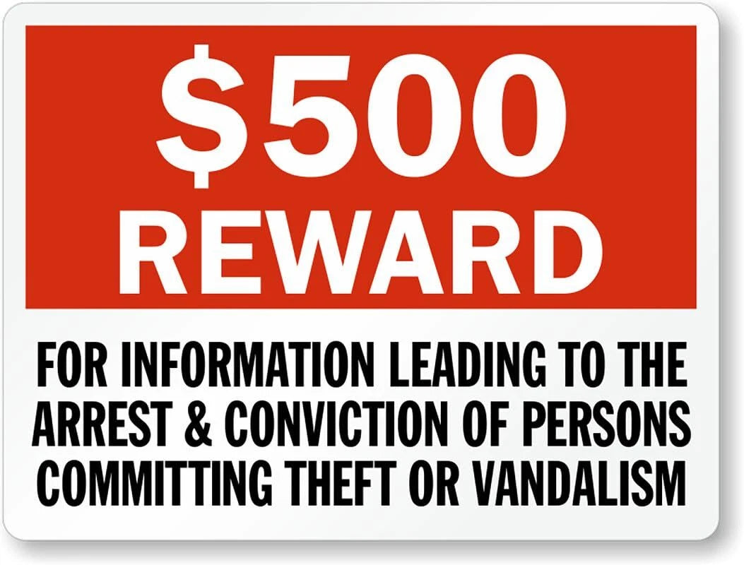 Reward Theft Business Warning Aluminum Sign — product artwork