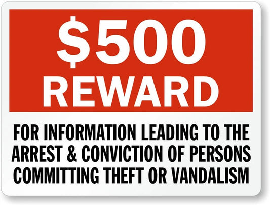 Reward Theft Business Warning Aluminum Sign — product artwork