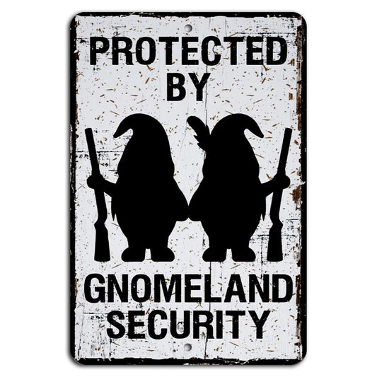 Funny Lawn Protected by Gnomeland Security Aluminum Sign — product artwork