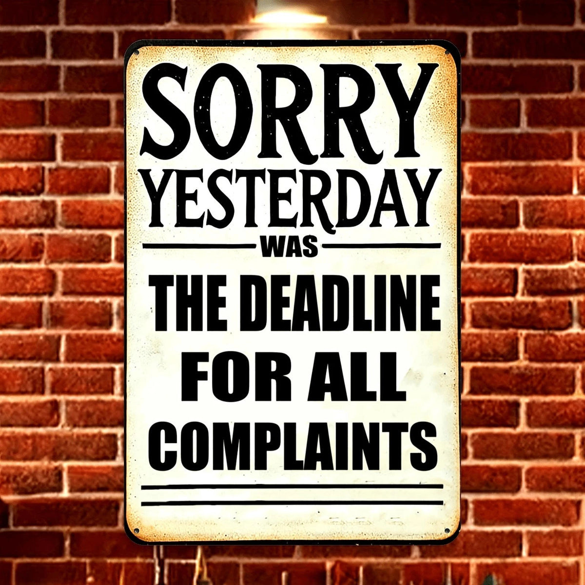 Vintage Tin Complaints Deadline Funny Aluminum Sign — product artwork