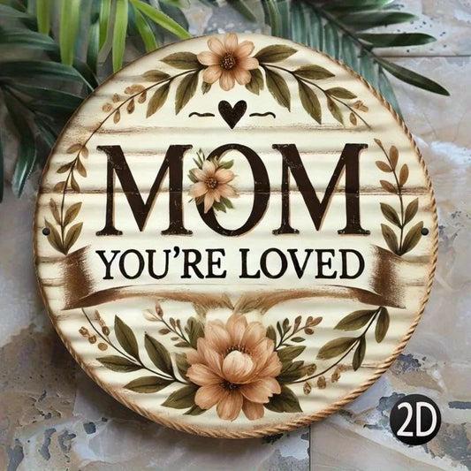 Mom Wood Grain Wreath Vintage Round Aluminum Sign — product artwork