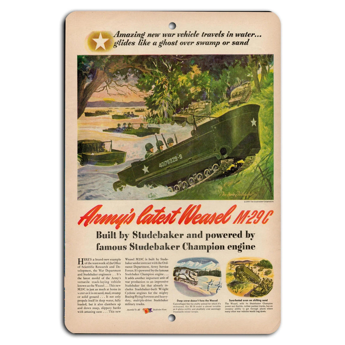 Vintage Military Studebaker Weasel WWII Amphibious Aluminum Sign — product artwork