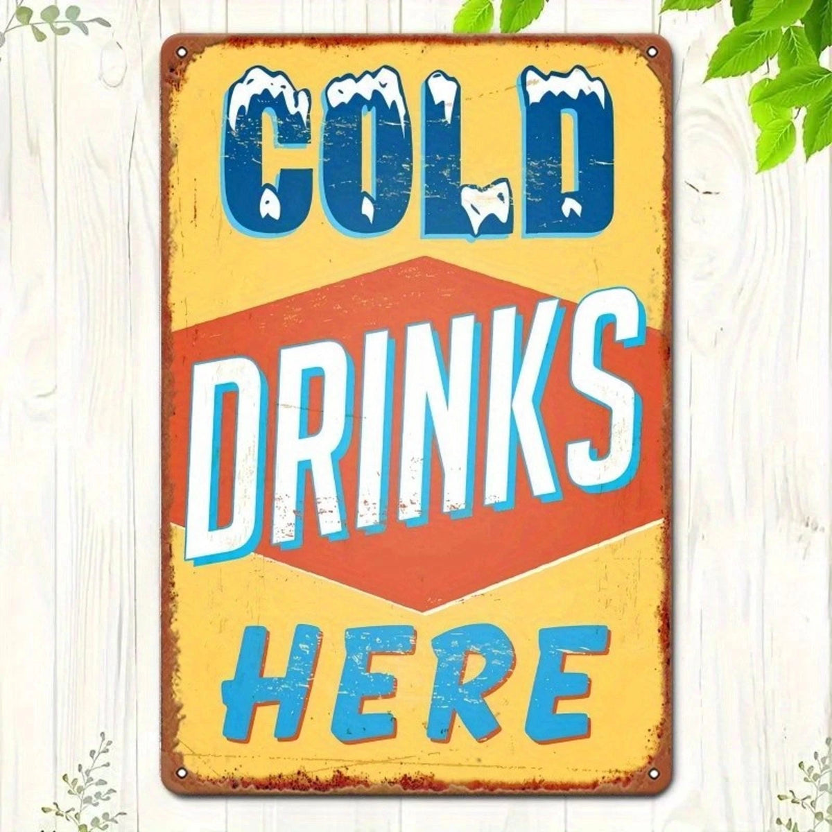 Retro Cold Drinks Here Funny Bar Aluminum Sign — product artwork