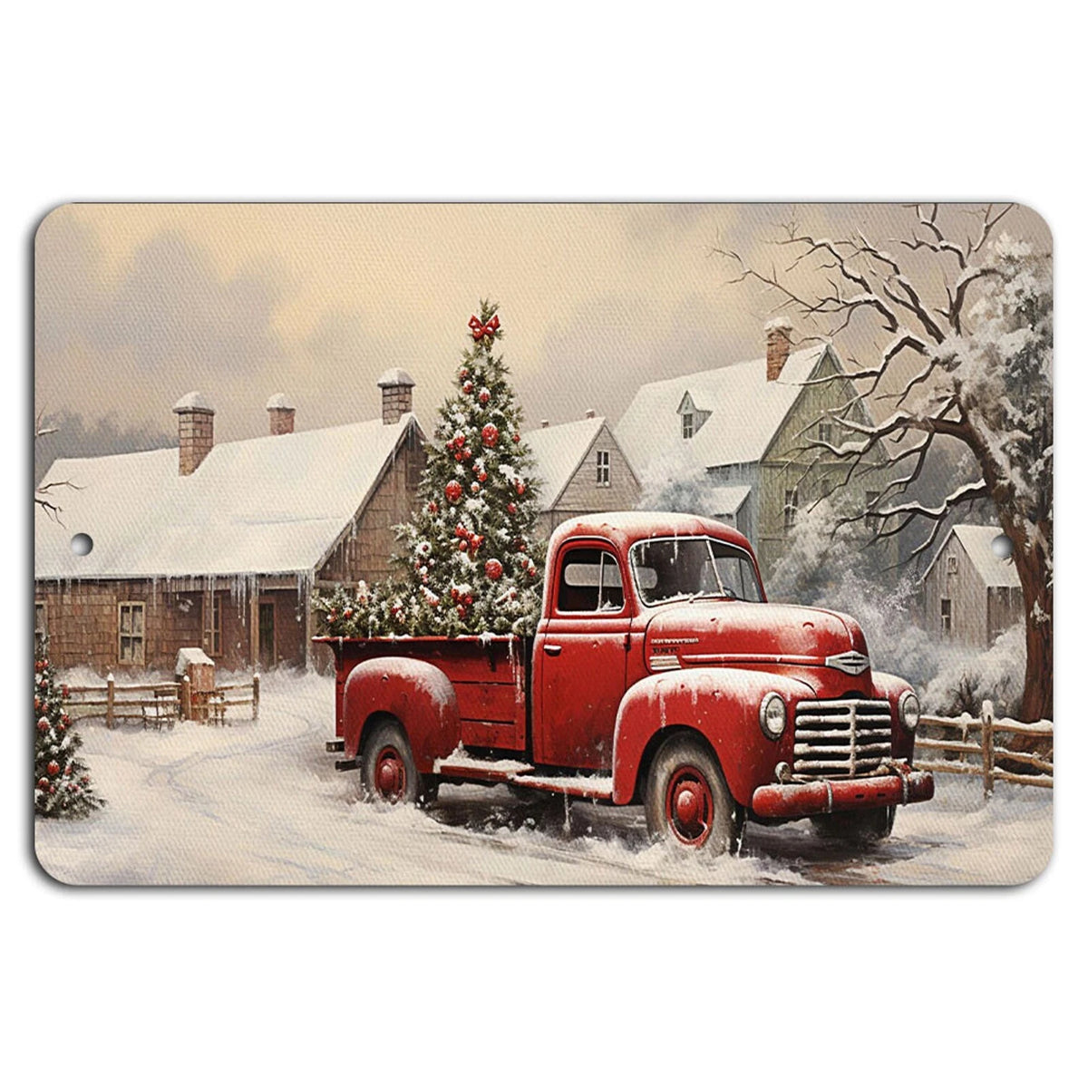 Vintage Holiday Red Truck Christmas Tree Winter Scene Aluminum Sign — product artwork