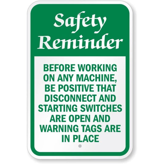 Before Working on Any Machine Safety Reminder Aluminum Sign — product artwork