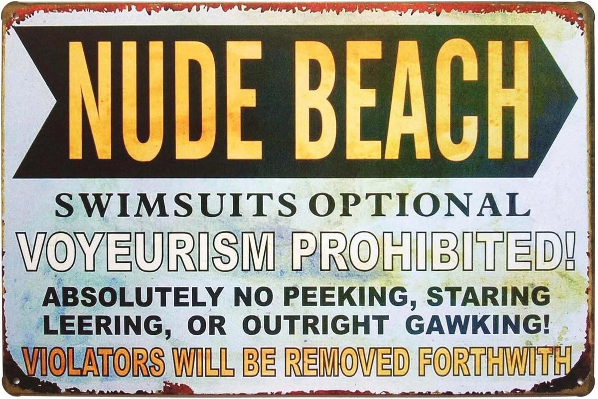 Retro Funny Nude Beach Swimsuits Aluminum Sign — product artwork