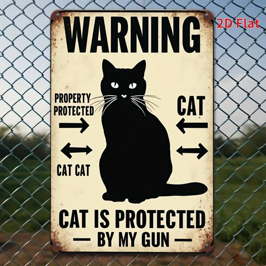 Gun Warning Funny Cat Protection Iron Aluminum Sign — product artwork