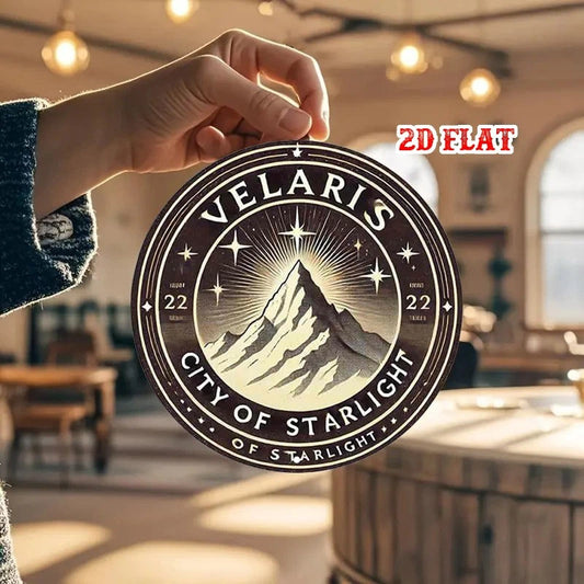 Iron Velaris City Starlight Vintage Mountain Round Aluminum Sign — product artwork