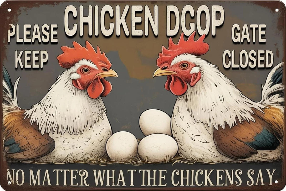 Vintage Funny Chicken Please Keep Gate Closed Aluminum Sign — product artwork