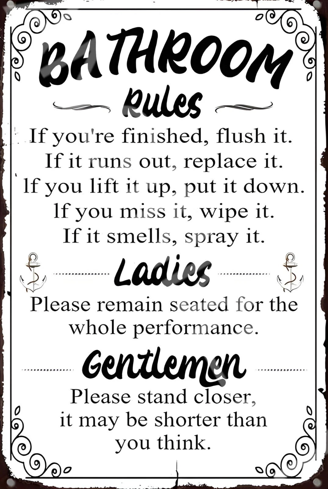 Bathroom Rules Flush Replace Wipe Spray Funny Aluminum Sign — product artwork