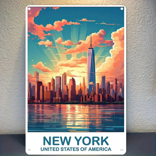New York City Vintage Skyline Sunset Art Aluminum Sign — product artwork
