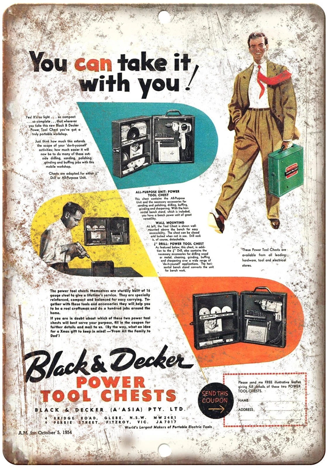 Power Tool Chest Black Decker Vintage Garage Aluminum Sign — product artwork
