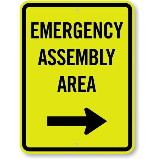 Emergency Assembly Area Right Arrow Aluminum Sign — product artwork