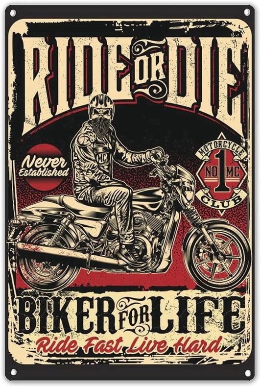 Retro Tin Ride or Die Vintage Biker Aluminum Sign — product artwork
