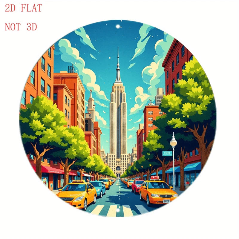 Vintage New York City Street Scene Funny Round Aluminum Sign — product artwork