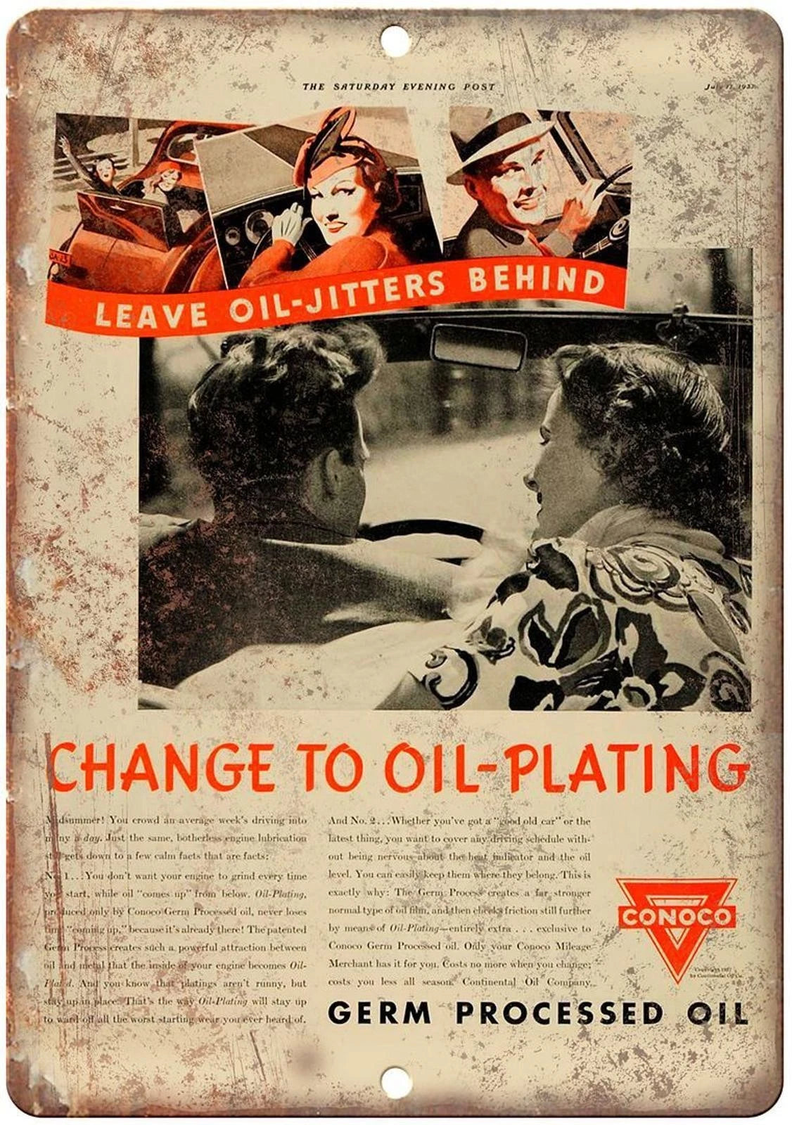 Vintage Conoco Oil Planting Motor Oil Funny Aluminum Sign — product artwork