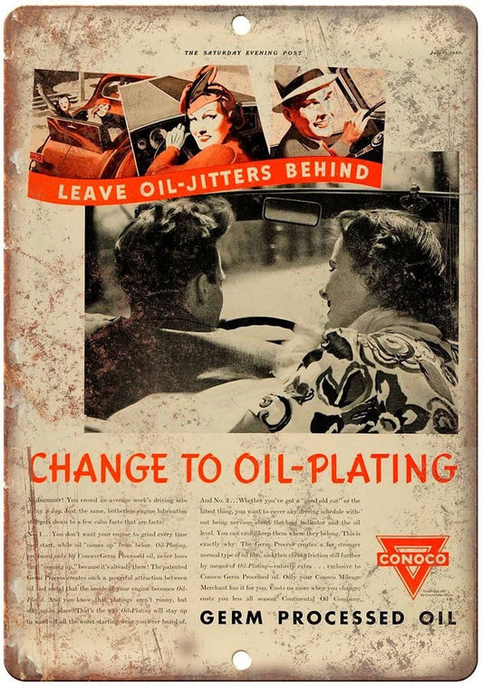 Vintage Conoco Oil Planting Motor Oil Funny Aluminum Sign — product artwork