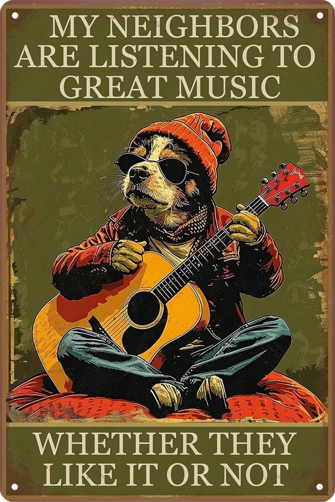 Tin Rock Dog Guitar Vintage Funny Music Aluminum Sign — product artwork
