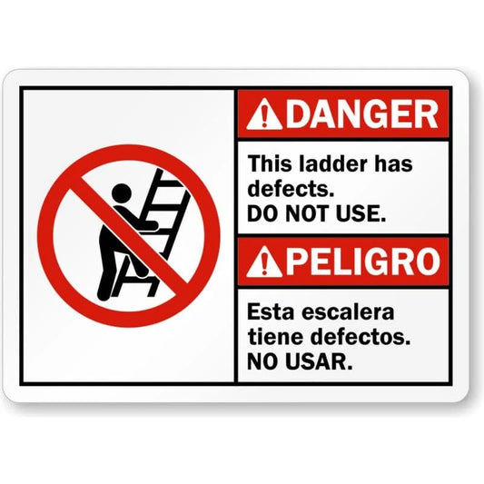 Bilingual Ladder Has Defects Aluminum Sign — product artwork