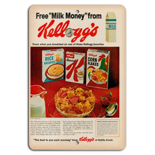 Vintage Breakfast Kelloggs Milk Money Retro Aluminum Sign — product artwork