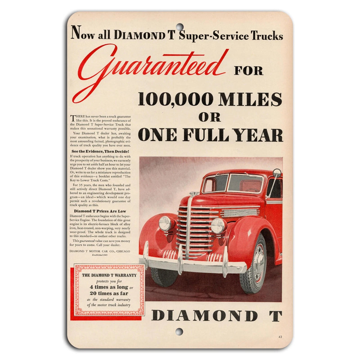 Vintage Diamond T Retro Garage Aluminum Sign — product artwork