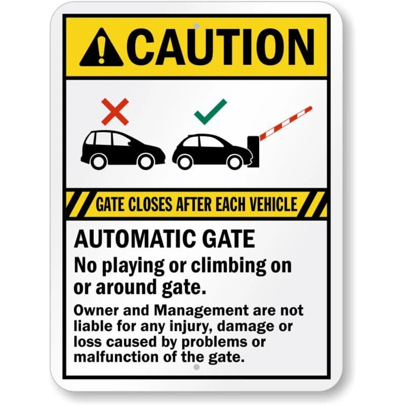 Automatic Gate Closes After Each Vehicle Caution Aluminum Sign — product artwork
