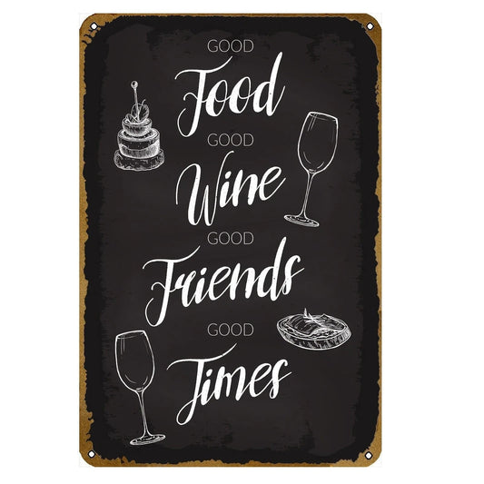 Retro Funny Food Wine Friends Times Kitchen Aluminum Sign — product artwork