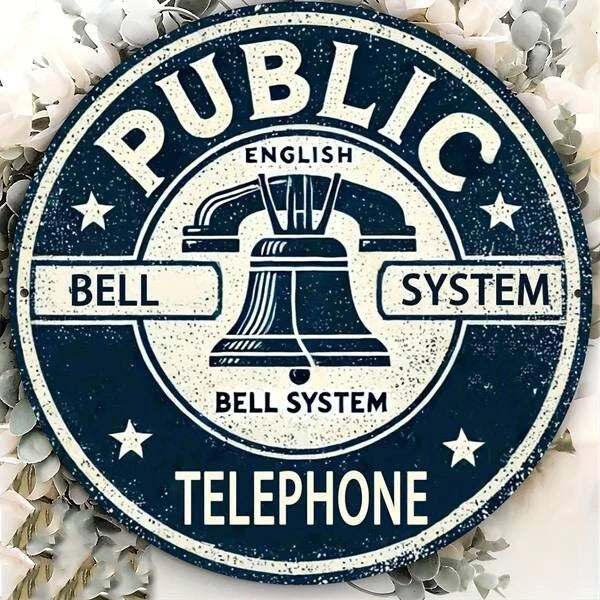Vintage Public Telephone Funny Round Aluminum Sign — product artwork