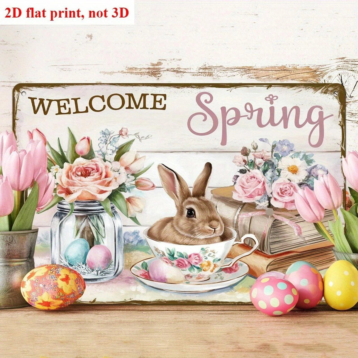 Welcome Spring Rustic Style Funny Bunny Aluminum Sign — product artwork