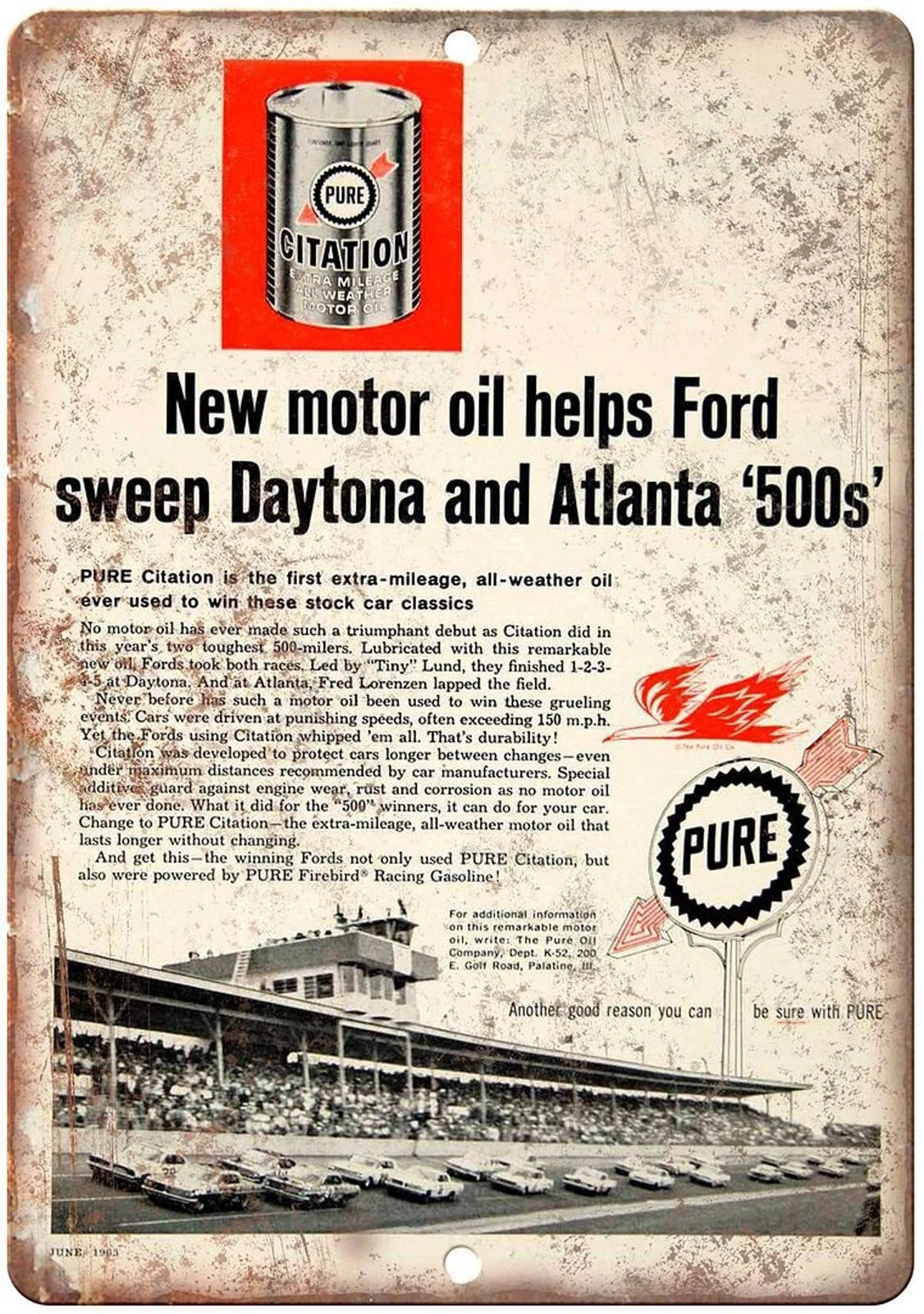 Vintage Motor Oil Pure Citation Funny Aluminum Sign — product artwork