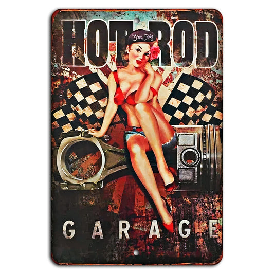 Hot Rod Garage Vintage Pin Up Girl Aluminum Sign — product artwork