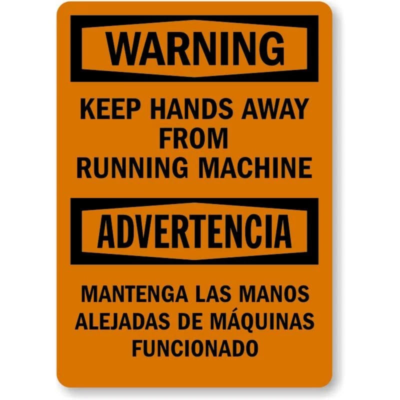 Warning Keep Hands Away from Running Machine Bilingual Sign — product artwork
