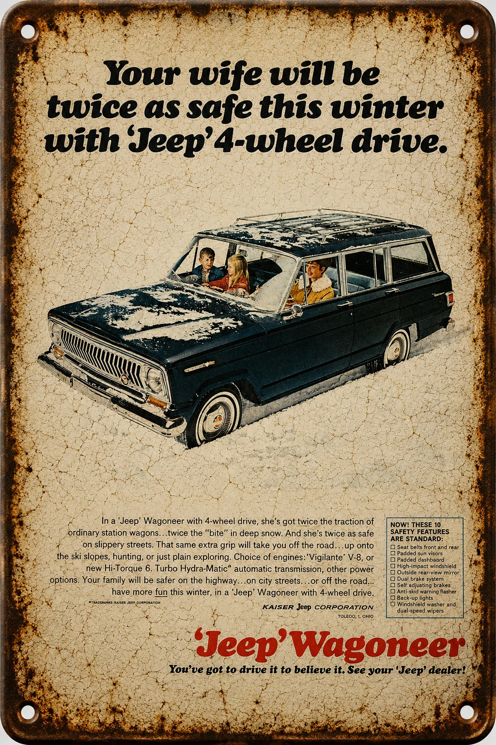 Vintage Jeep Wagoneer Winter Ad Aluminum Sign — product artwork