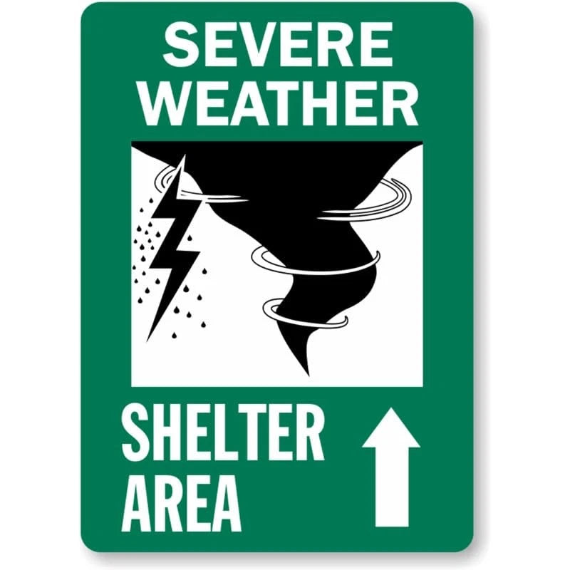 Severe Weather Shelter Area Ahead Arrow Aluminum Sign — product artwork