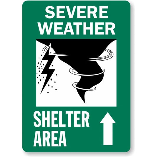 Severe Weather Shelter Area Ahead Arrow Aluminum Sign — product artwork