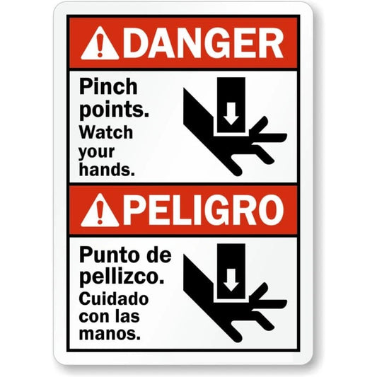 Bilingual Pinch Points Hands Aluminum Sign — product artwork