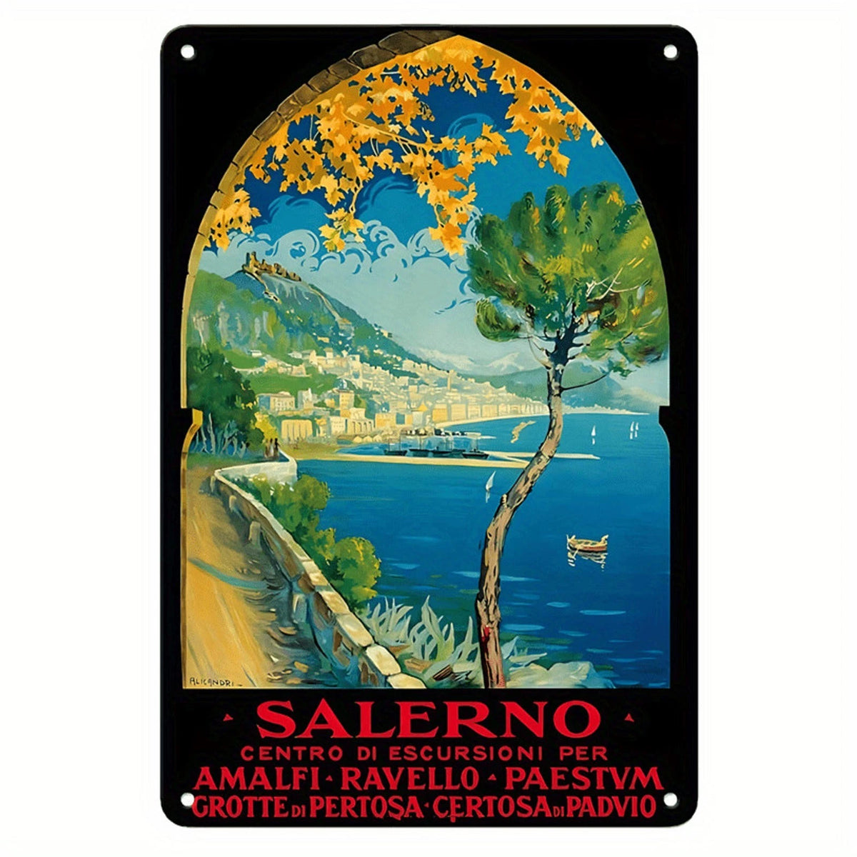 Vintage Travel Salerno Italy Amalfi Coast Aluminum Sign — product artwork