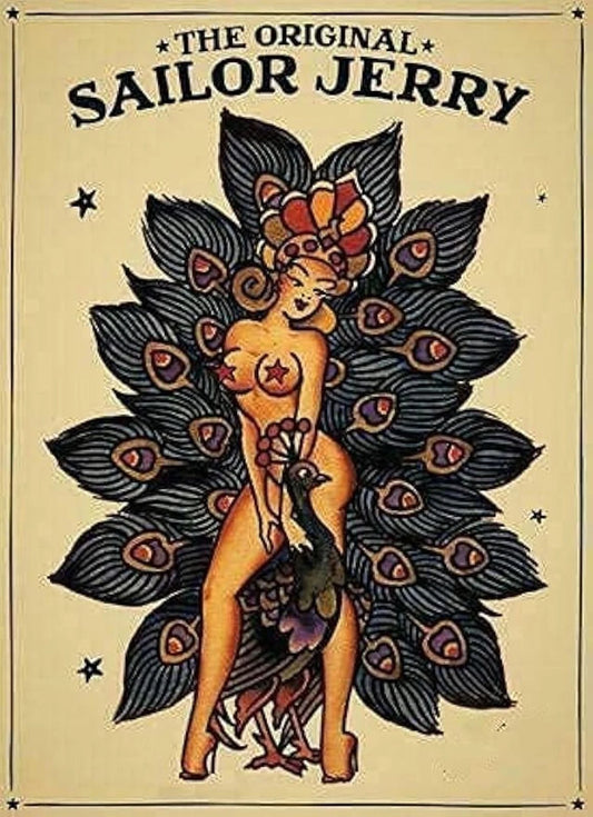 Tin Vintage Sailor Jerry Tattoo Girl Peacock Funny Aluminum Sign — product artwork