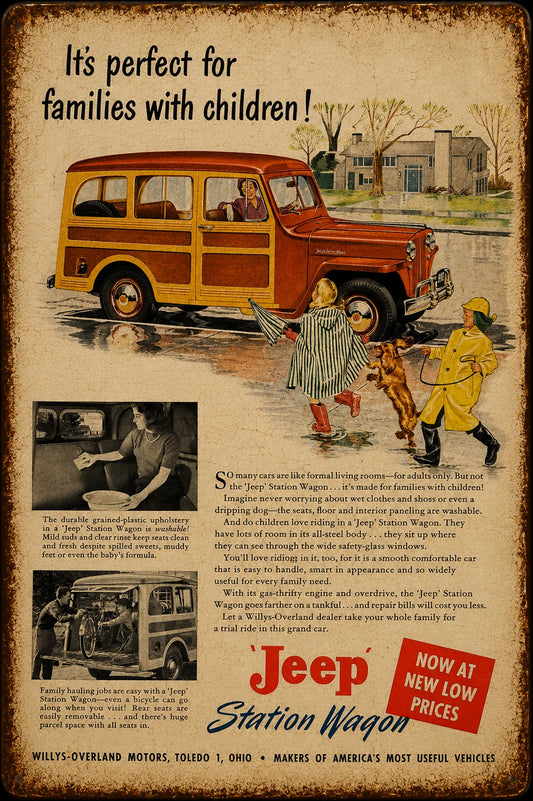 Jeep Station Wagon Family Adventure Vintage Advertisement Aluminum Sign — product artwork