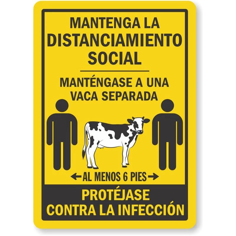Maintain Social Distancing Keep 1 Cow Apart Spanish Aluminum Sign — product artwork