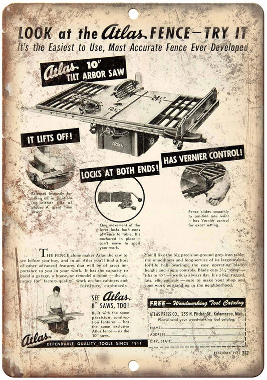 Atlas Tilt Arboar Saw Table Saw Reproduction Vintage Aluminum Sign — product artwork