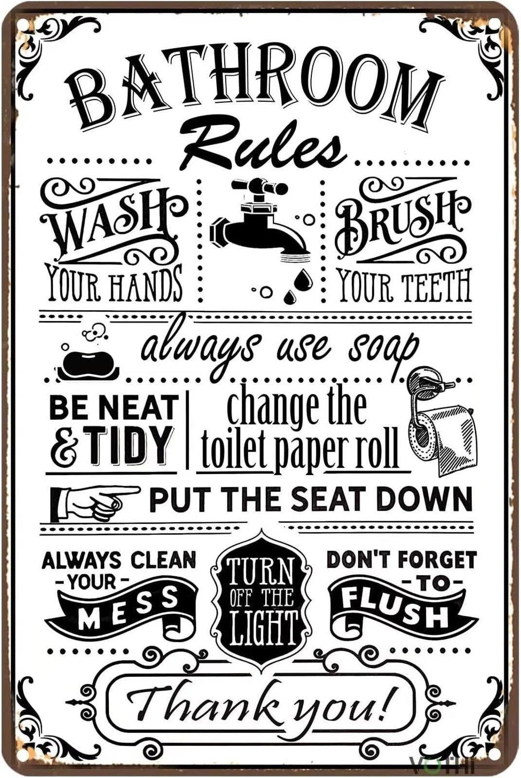 Farmhouse Funny Bathroom Rules Aluminum Sign — product artwork
