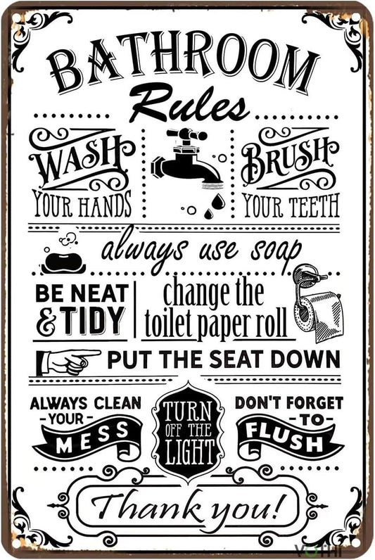 Farmhouse Funny Bathroom Rules Aluminum Sign — product artwork