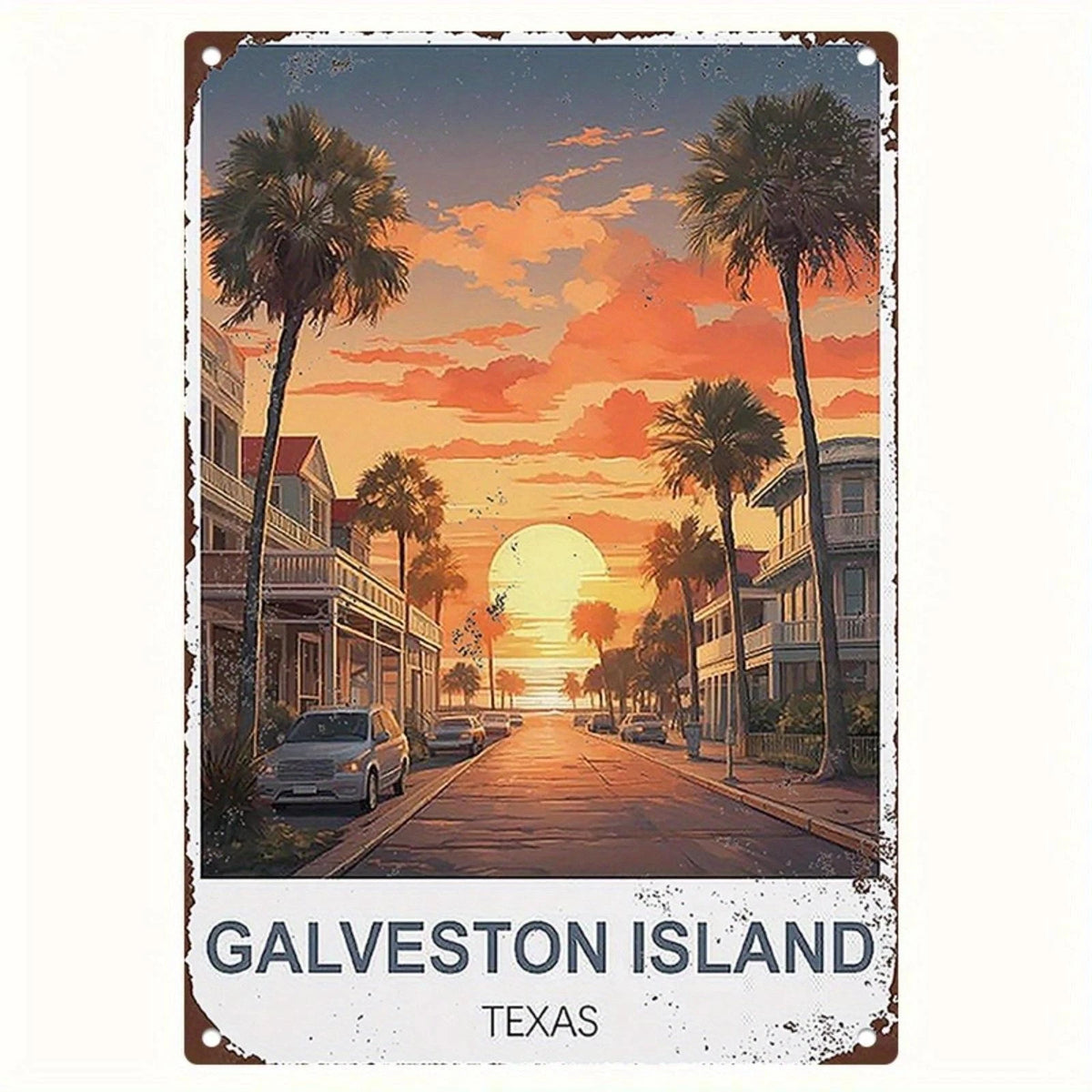 Wall Art Vintage Galveston Island Retro Sunset Aluminum Sign — product artwork