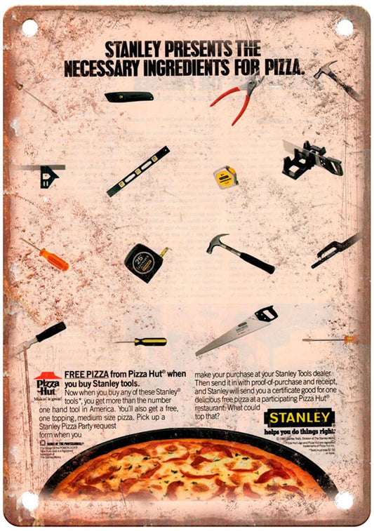 Vintage 1988 Stanley Tools Pizza Hut Reproduction Retro Aluminum Sign — product artwork